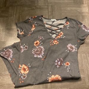 floral and grey dress